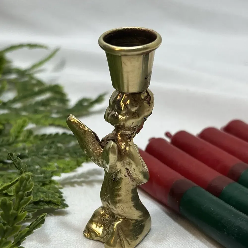 Vintage Brass 2.75” Praying Angel Christmas Candlestick Holder + 5 Candle Tapers